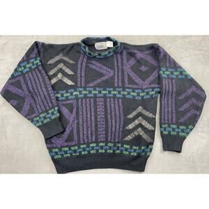 Vtg 80s Gabrielle Men Sz L Acrylic Leather Geometric Sweater Cosby Style Chevron
